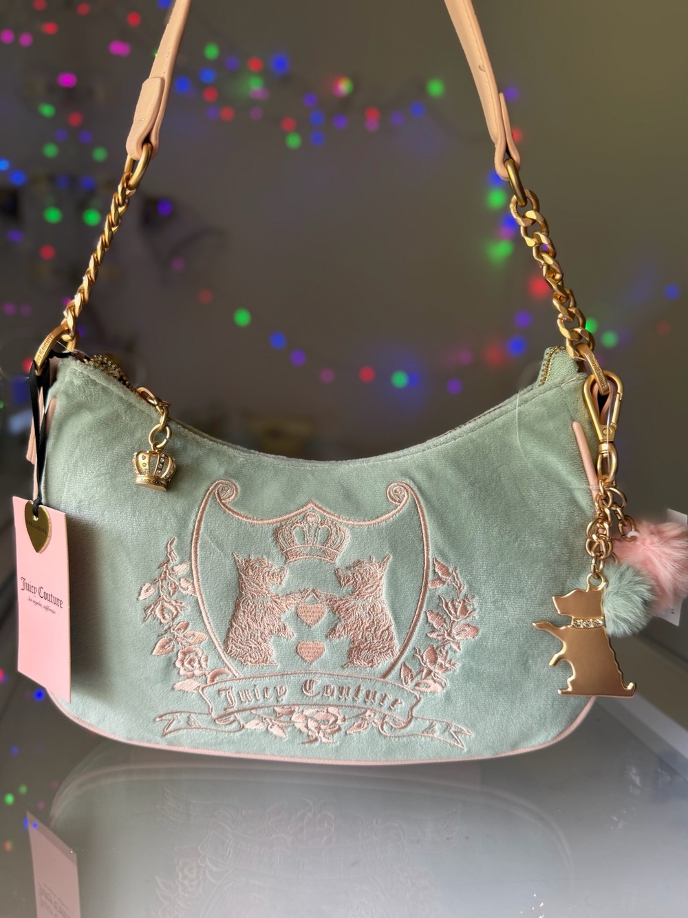 Juicy Couture New Love Chapter Shoulder Bag Frosty Green Pink Scottie Dogs Charm